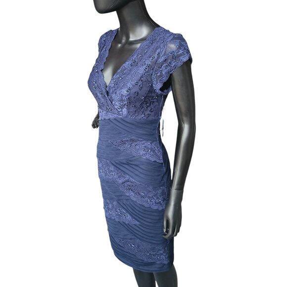 Navy Lace Tiered V-Neck Cap Sleeve Cocktail Dress - NWT - Marina - Picture 2 of 11